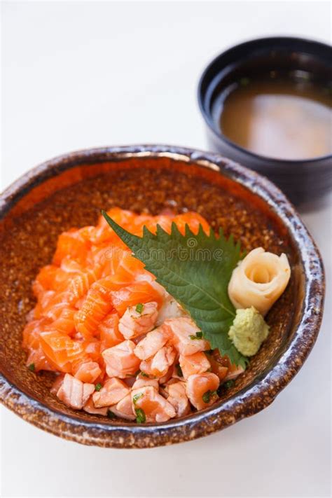 Salmon Donburi Raw And Cooked Well Diced Salmon And Ebiko With