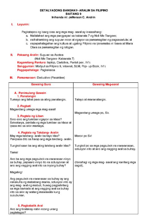 Detailed Lesson Plan Filipino Detalyadong Banghay Aralin Sa Filipino Baitang 9 Inihanda Ni