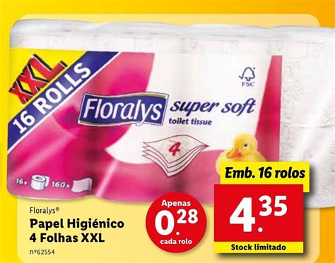 Promoção Floralys Papel Higiénico 4 Folhas XXL 16 rolos em Lidl