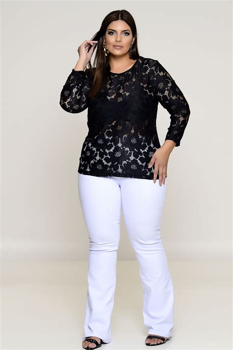 Blusa Plus Size Rendada Preta Vk Moda Plus Size