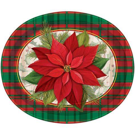 12 Poinsettia Plaid Holiday Oval Paper Dinner Plates 8ct