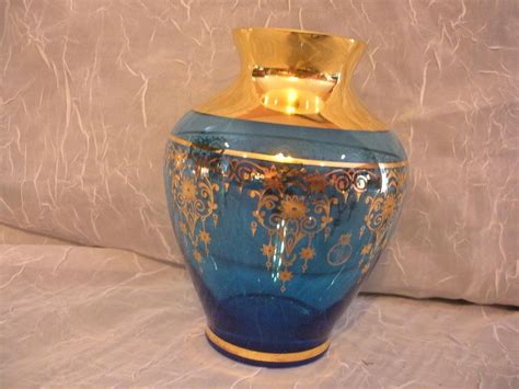 Vintage Vecchia Murano Glass Blue Vase Gold Trim Italy Etsy Blue Vase Vase Murano Glass