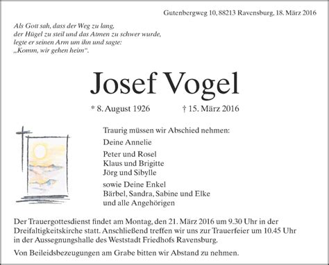 Traueranzeigen Von Josef Vogel Schwaebische De Trauerportal