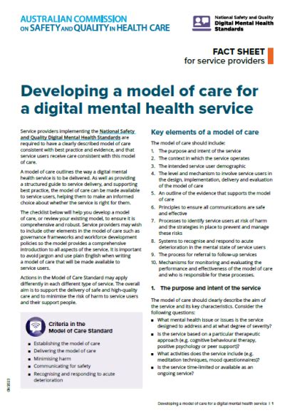 Fact Sheet Developing A Model Of Care For A Digital Mental Health