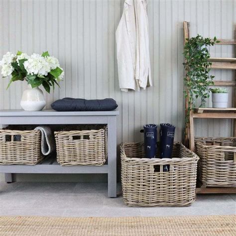 Rectangular Grey And Buff Rattan Deep Wicker Storage Basket Shelf Unit Woven Ebay