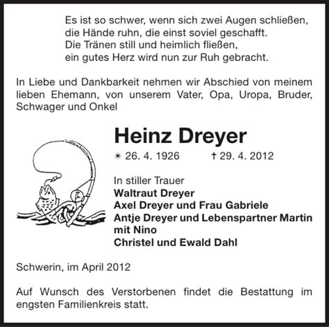 Traueranzeigen Von Heinz Dreyer Trauer Nordkurier