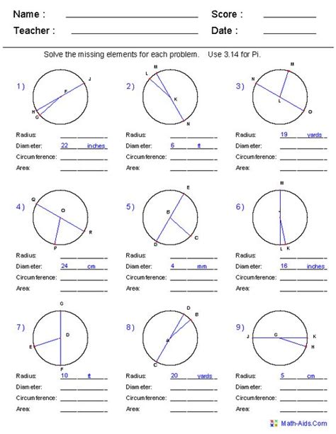 Radius Diameter Circumference Worksheet