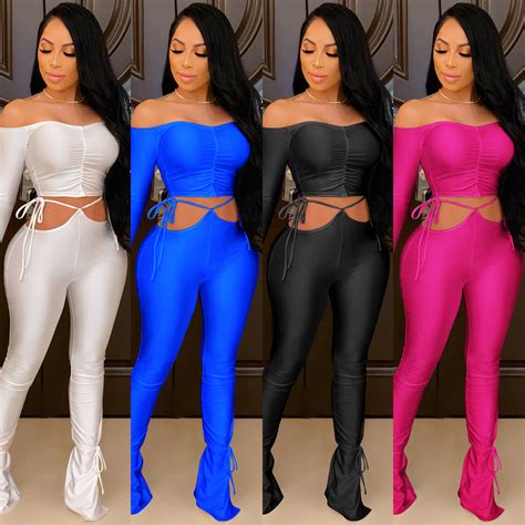 Elegant 2 Two Piece Set Tracksuit For Women Outfits Off Shoulder Bandage Crop Top Stacked Flare