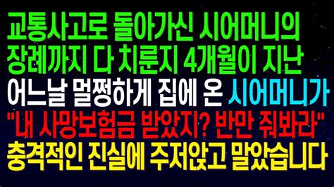 실화사연교통사고로 돌아가신 시어머니 장례까지 다 치룬지 4개월이 지났는데 멀쩡하게 집에 온 시어머니내 보험금 받았지