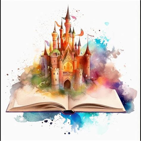 Клипарт мифический акварельный замок, возникающий из открытой книги без ...