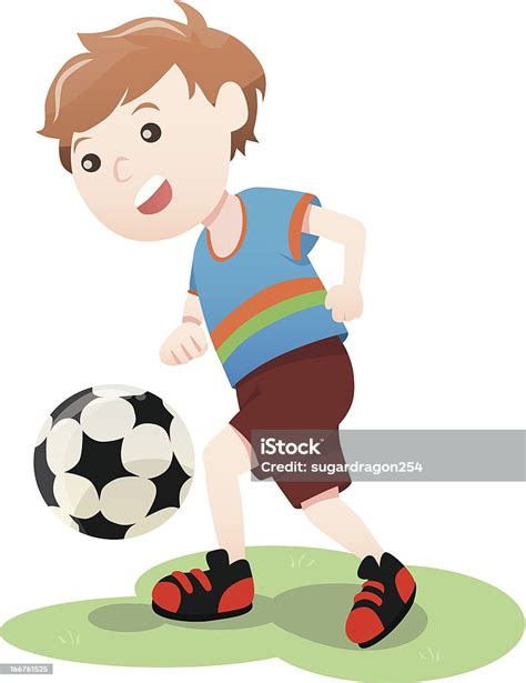 Menino Jogando Bola De Futebol De Desenhos Animados Vetor Arte