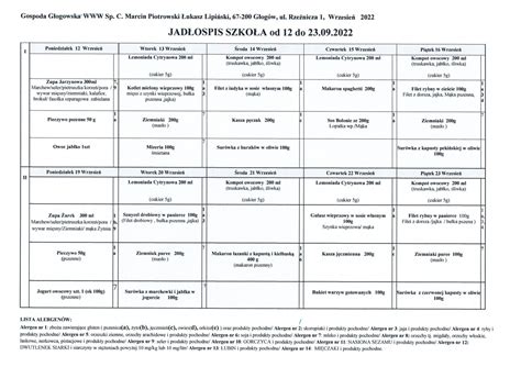 Jadłospis od 12 do 23 września 2022r Szkoła Podstawowa w Jaczowie