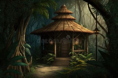 Tropical Forest With Tree Hut Interior Design Of Jungle Stock Illustration Illustration Of