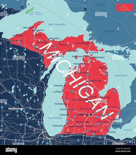 Michigan State Detailed Editable Map With Cities And Towns Geographic Sites Roads Railways