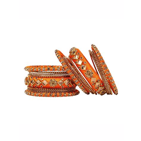 Arendelle Orange Traditional Indian Silk Thread Bangles Kundan Design