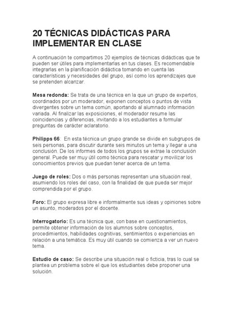 20 Técnicas Didácticas Para Implementar En Clase Pdf Aprendizaje Ciencia Cognitiva