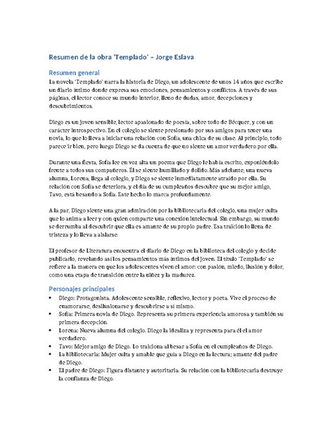 Resumen Templado de la Novela de Jorge Eslava - Examen - Studocu