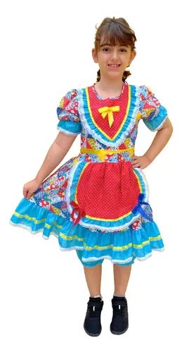 Vestido Festa Junino Caipira Infantil Quadrilha Rodado Azul Frete grátis