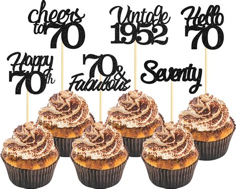 Sotpot 24 Pcs Black Glitter 70th Birthday Cupcake Toppers