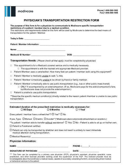 Fillable Online Physician Transportation Restriction Form Michigan