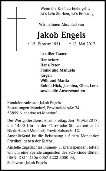 Traueranzeigen Von Jakob Engels WirTrauern