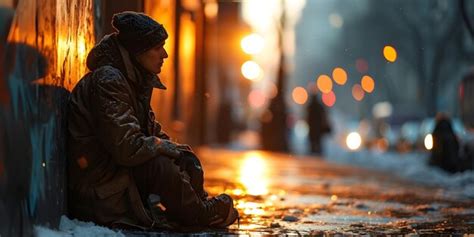 Old Homeless Man Sitting On The Street In Winter Homeless Beggar On