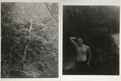 Two Black And White Photographs Of A Man In The Woods One With His