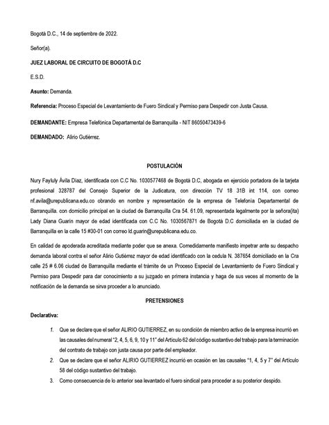 Demada Fuero Sindical 1 P Bogot D 14 De Septiembre De 2022