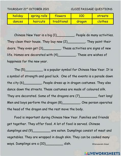 Cloze Passage Interactive Worksheet For 3 Live Worksheets Worksheets Library