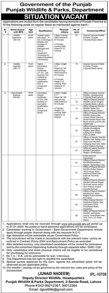 Wildlife Department Jobs 2025 Latest Advertisement BPS 09 To 15