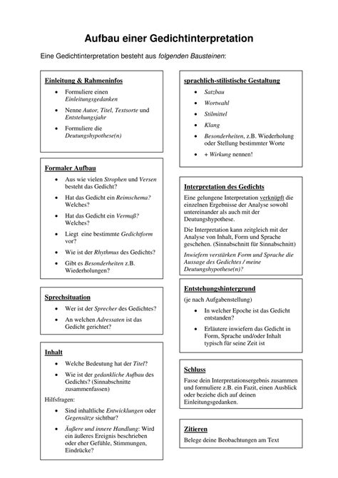 Merkblatt Inhalte Einer Gedichtinterpretation Unterrichtsmaterial Im