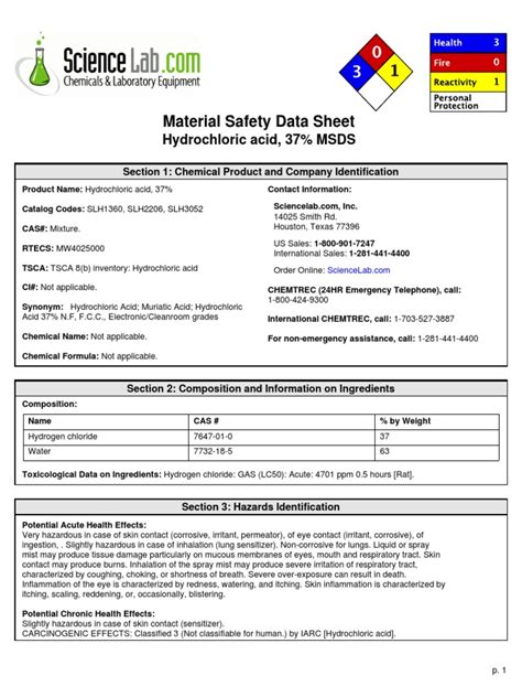 Material Safety Data Sheet Hydrochloric Acid 37 Msds Descargar