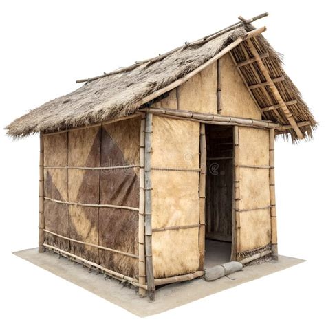 Primitive Hut Made Of Bamboo And Animal Skins In The Ice Age Isolated