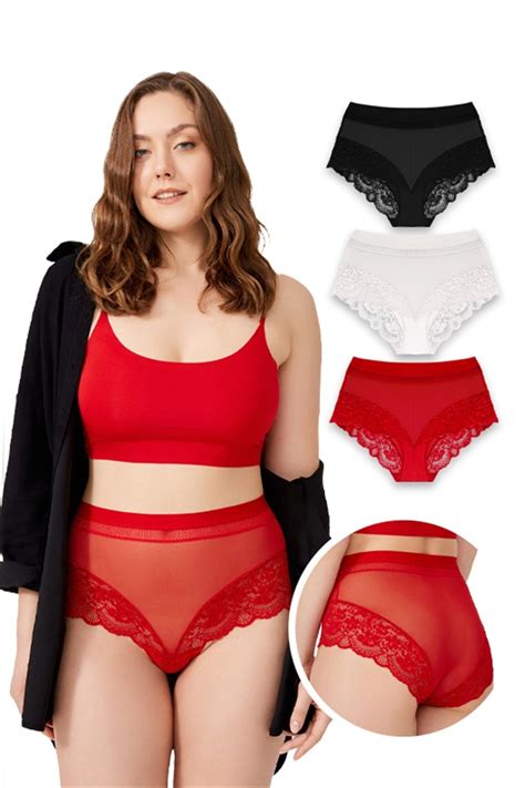 Cottonhill Dantel Detaylı Transparan Büyük Beden Bikini Külot 3 lü