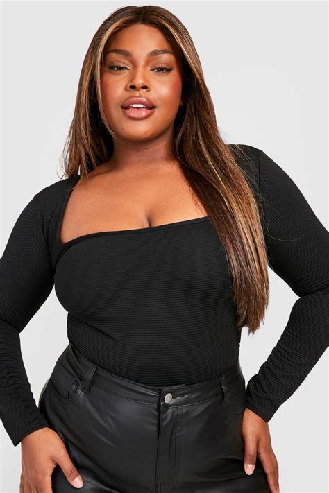 Black Plus Jumbo Rib Square Neck Bodysuit Boohoo Uk