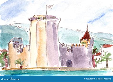 Travel Sketch Watercolor Drawing Fortress in Croatia City Trogir Stock ...