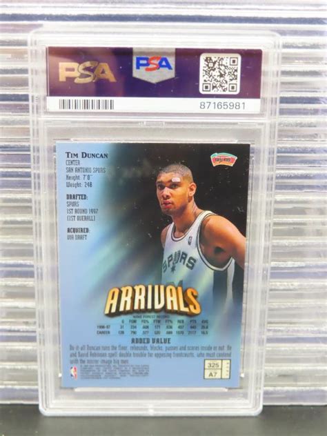 1997 98 Topps Finest Tim Duncan Arrivals Rookie RC 325 PSA MINT 9