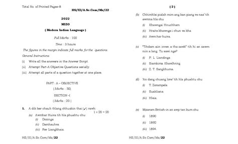 Mbose Class 11 Question Paper 2022 For Mizo Mil