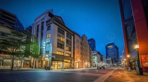 An Empty City Street With Bright Lights On The Corner Background