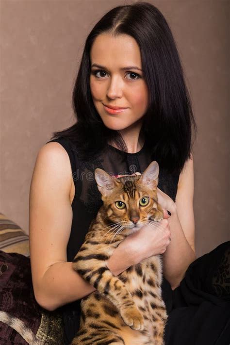 Beautiful Brunette With A Cat Stock Photo Image Of Domestic Fluffy