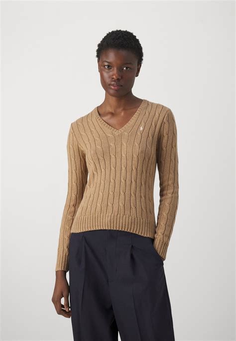 Polo Ralph Lauren Cable Knit Cotton V Neck Sweater Jumper Camel