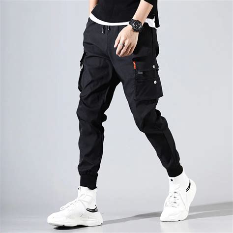 Free Shipping Cargo Pants Men Solid Color Black Loose Casual Jogger