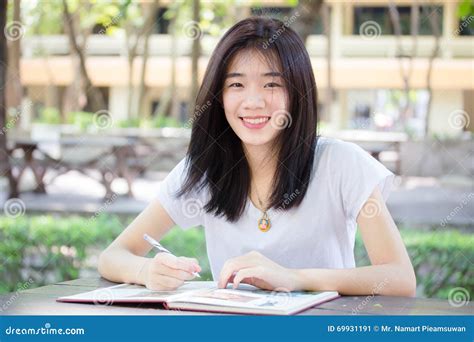 Asia Thai China Student University Beautiful Girl Write A Book Stock