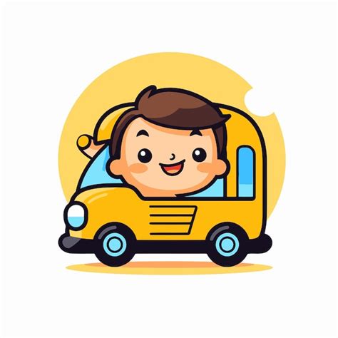 Un Mignon Petit Garçon Conduisant Un Bus Scolaire Jaune Illustration