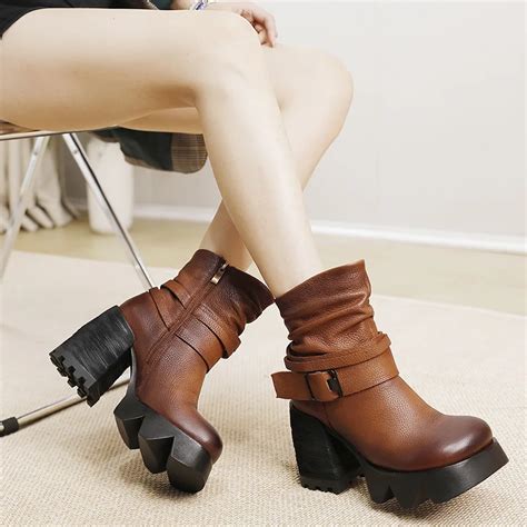 Johnature Retro Genuine Leather Thick Heeled Boots Women Shoes