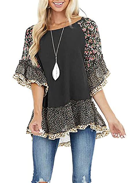 Womens Boho Shirts Ruffle 3 4 Sleeve Crew Neck Blouse Leopard Floral