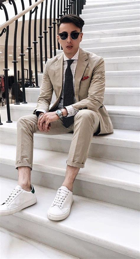 Classy Camel Suit And White Sneakers For Men