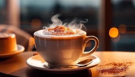 Premium Photo Hot Coffee Cup On Wooden Table With Frothy Milk Foam