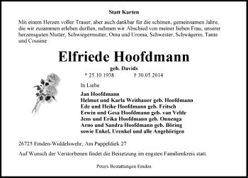 Traueranzeigen Von Elfriede Hoofdmann Nordwest Trauer De