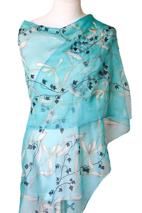 Wedding Silk Scarf Hand Painted Turquoise Transparent Long Chiffon Wrap